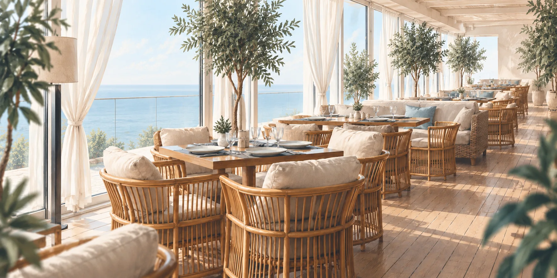 Иллюстрация веранды Shore House: плетёные кресла, светлые шторы и вид на море